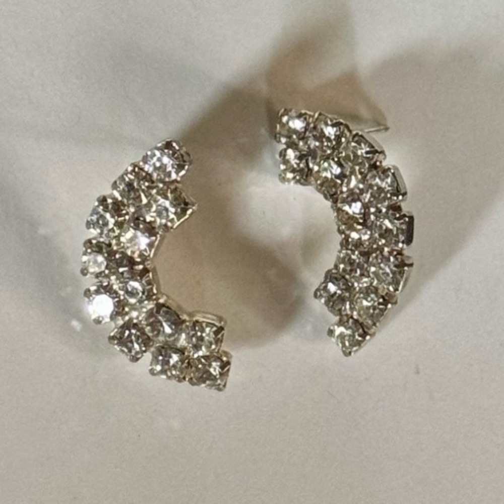 Silver Crescent Moon Crystal Rhinestone Statement Earrings for Wedding or Gala